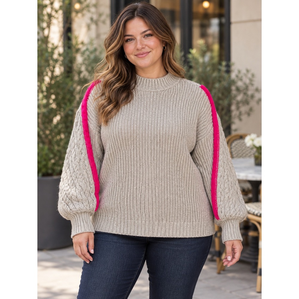 K319. Cozy Boho Beige Cable Knit Mock Neck Sweater Hot Pink Trim Large